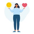 Work life balance concept. Standing woman decides between money and health or happiness flat style vector illustration isolated on