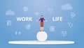 Work life balance concept woman circus on top of sphere balls with modern flat style
