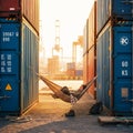 Work-Life Balance: Man Relaxing in Hammock Between Busy Red and Blue Cargo Containers. Royalty Free Stock Photo