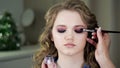 Work of a makeup artist. Applying shadows to the eyelid of the model`s eye. Royalty Free Stock Photo