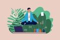 Work meditation. Stressful businessman, yoga character. Manager sitting on office table in lotus pose vector