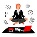 Work meditation vector concept. Businesswoman keeps calm on work place Royalty Free Stock Photo