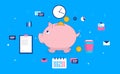 Work for money - Piggybank under a clock with different work and business elements