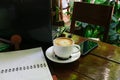 work office desk with a cup of coffee computer laptop, notebook, pen Royalty Free Stock Photo