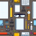 Work office desk top view with a lot of different stationery elements seamless vector wallpaper, business job theme image with Royalty Free Stock Photo