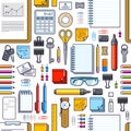 Work office desk top view with a lot of different stationery elements seamless vector wallpaper, business job theme image with Royalty Free Stock Photo