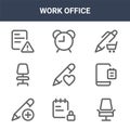 9 work office icons pack. trendy work office icons on white background. thin outline line icons such as office chair, notes, alarm