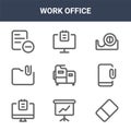 9 work office icons pack. trendy work office icons on white background. thin outline line icons such as eraser, smartphone, notes
