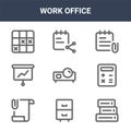 9 work office icons pack. trendy work office icons on white background. thin outline line icons such as folders, calculator, Royalty Free Stock Photo