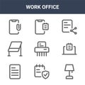 9 work office icons pack. trendy work office icons on white background. thin outline line icons such as lamp, laptop, notebook . Royalty Free Stock Photo