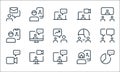 Work office and meeting line icons. linear set. quality vector line set such as chat, speech bubble, chat, woman, computer, video Royalty Free Stock Photo