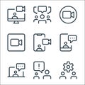 Work office and meeting line icons. linear set. quality vector line set such as setting, alert, chatting, smartphone, video