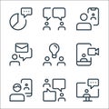 Work office and meeting line icons. linear set. quality vector line set such as speech bubble, chatting, video calling, video call