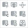 Work office server line icons. linear set. quality vector line set such as server storage, verified, networking, file upload, link