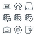 work office server line icons. linear set. quality vector line set such as server, sync, suitcase, like, power, music, database