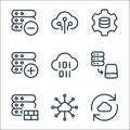 work office server line icons. linear set. quality vector line set such as synchronize, connection, firewall, save, binary code,