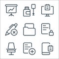 work office supply line icons. linear set. quality vector line set such as cell phone, add, chair, locked, file, delete, computer Royalty Free Stock Photo
