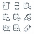 Work office supply line icons. linear set. quality vector line set such as ruler, search, machine, remove, remove, error, share,