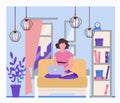 Work online from home and freelance. A girl in a lotus position sits on a sofa and works at a laptop. Flat illustration. Loft inte