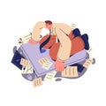 Work overload concept. Depressed office worker stress with lots of documents, papers. Tired employee swimming, floating