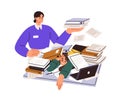 Work overload, paperwork concept. Employee in pile of business papers, documents clutter at desk. Tired worker under