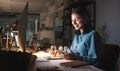 Work, overtime and woman reading smartphone with tablet and computer working late on online design project. Night at Royalty Free Stock Photo