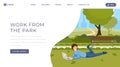 Work from park landing page template. Online communication, distance job, remote work website homepage design layout
