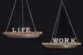 Work and personal life balance concept. Seesaw. Scales on black background close up Royalty Free Stock Photo