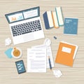 Work place, analytics, optimization, management. Top view wooden office work desk with laptop, documents, crumpled paper, phone Royalty Free Stock Photo