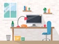 Work place in flat style, computer on working table with chair, lamp, mug, shelves with books and cactuses, cabinet