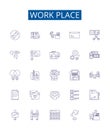 Work place line icons signs set. Design collection of Office, Cubicle, Environment, Desk, Facility, Occupation, Career Royalty Free Stock Photo