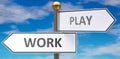 Work and play as different choices in life - pictured as words Work, play on road signs pointing at opposite ways to show that