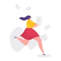 Work problems vector illustration, cartoon flat businesswoman running fast in stress, overtime job, deadline fail