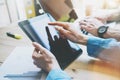 Work Process in Modern Office. Young Account Manager Working at Wood Table with New Business Project.Touching Screen Royalty Free Stock Photo