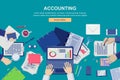 Work process in office, vector top view illustration. Accounting, business data analysis and financial audit concept.