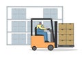 Work Process In Warehouse With Professional Work Staff. Male Character Is Working On Forklift, Meet Deadlines