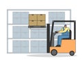 Work Process In Warehouse With Professional Work Staff. Man Is Working On Forklift, Loading And Unloading Parcels