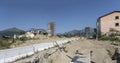 work in progress at building site of village reconstruction after earhquake destruction, Amatrice, Italy