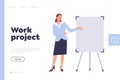 Work project landing page template with female employee character giving startup presentation