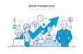 Work promotion, success, business strategy, achievement, leadership, teamwork, business team.