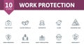 Work Protection icon set. Contains editable icons work safety theme such as first aid kit, respirator, roadwork sign and