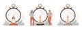 Work rate time management. Business people working with stopwatch, fast tasks and time stop vector illustration set