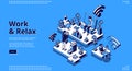 Work and relax isometric landing page, web banner Royalty Free Stock Photo