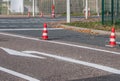 Work on road marking with pylons Royalty Free Stock Photo