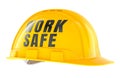 Work Safe, yellow construction hard hat with text. 3D rendering Royalty Free Stock Photo