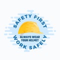 Work safely wear safety helmet warning label. Flat style construction hardhat icon advertising illustration. Protective