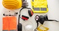 Work safety protection equipment background. Industrial protective gear on white Royalty Free Stock Photo