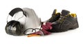 Work safety and protection equipment - protective shoes, safety glasses, gloves and hearing protection over white