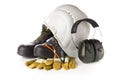 Work safety and protection equipment - protective shoes, safety glasses, gloves and hearing protection Royalty Free Stock Photo