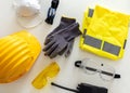 Work safety protection equipment background. Industrial protective gear on white Royalty Free Stock Photo